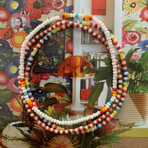 white rainbow multi colored seed bead elastic bracelet set